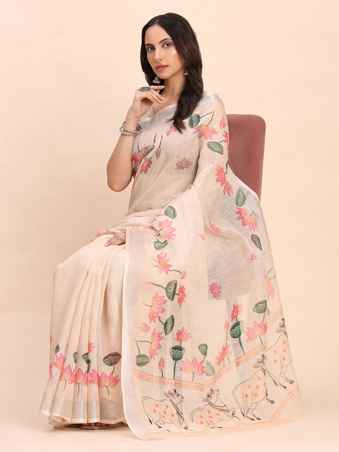 Peach Linen Cotton Saree with Matching Blouse Piece