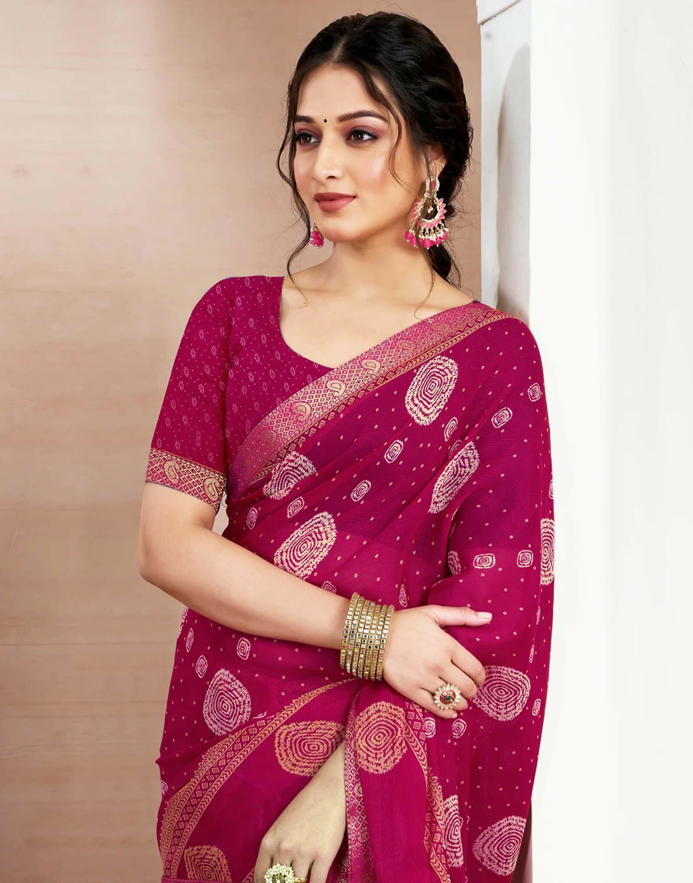 Joban Fashion Chiffon Printed Rani Pink Color Saree