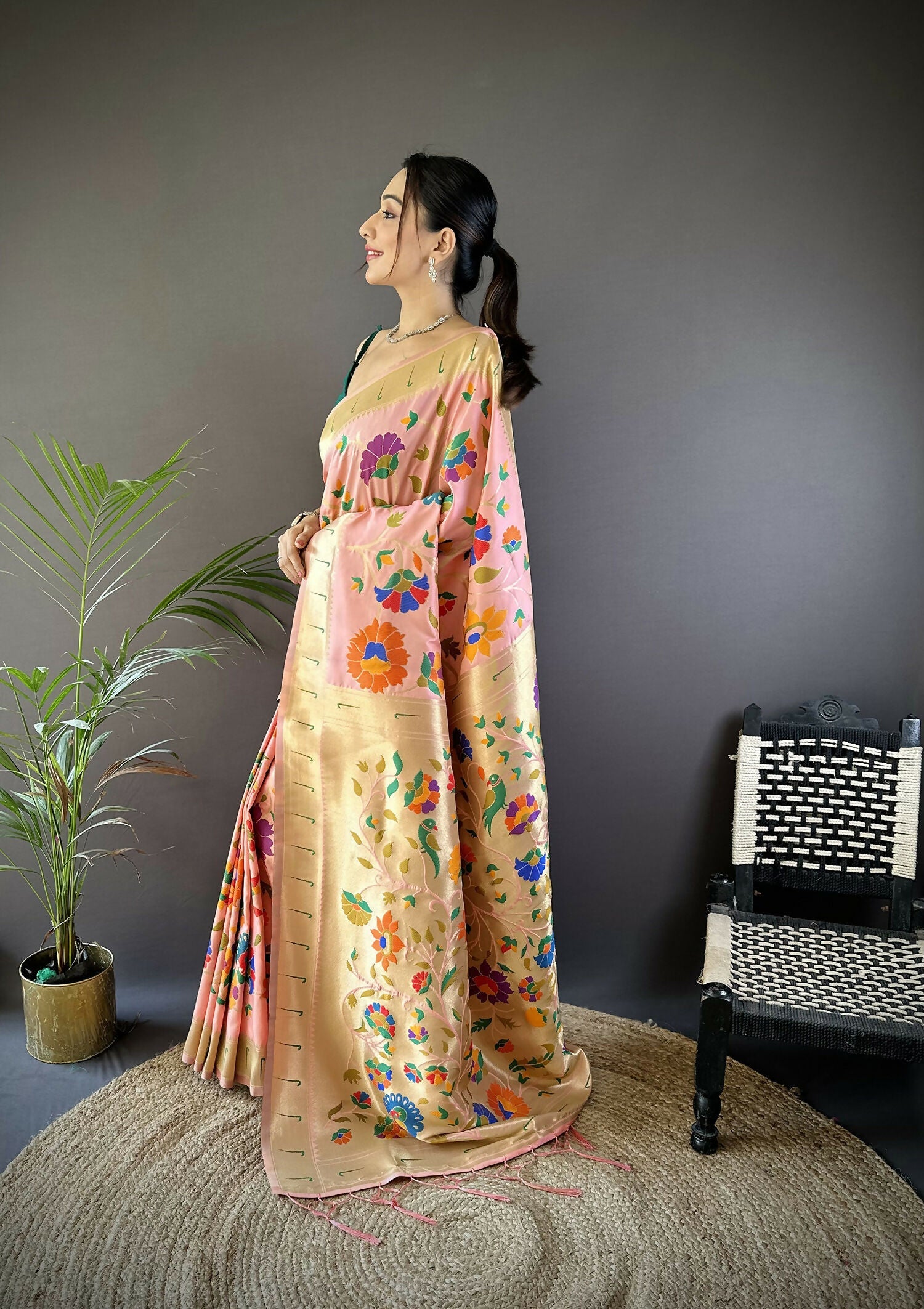 Peach Zari Woven Floral Motifs Soft Silk Paithani Saree