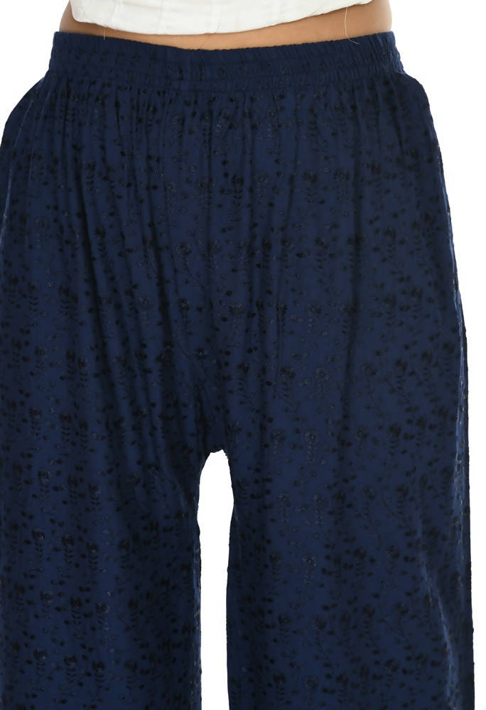 Navy Blue Rayon Cotton Palazzo with Traditional Chikankari Work