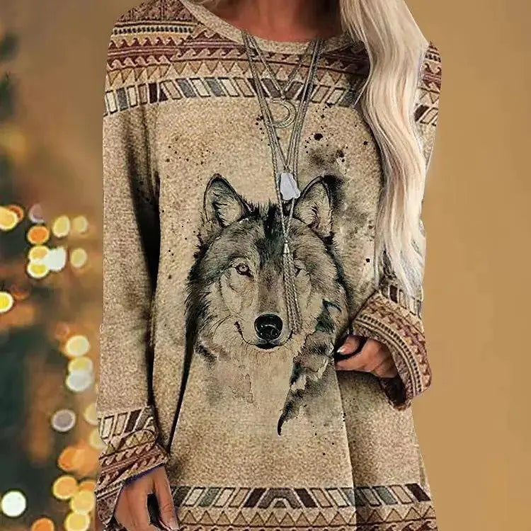 Women's Long Sleeve Graphic Animal Print T-Shirt Tan Relaxed Fit - Image 32