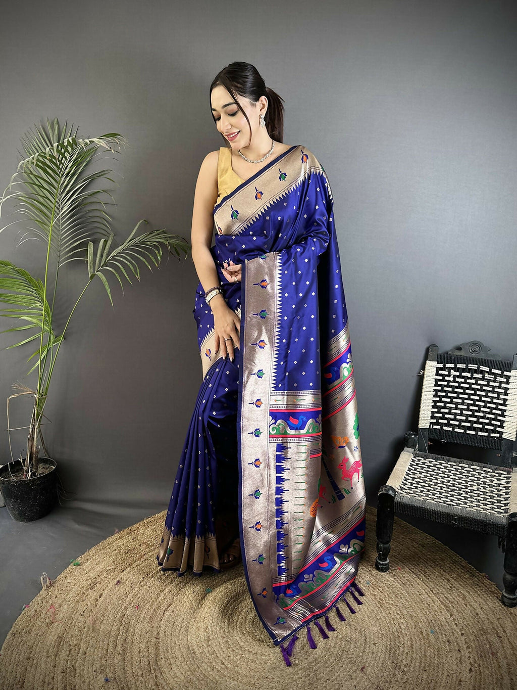 Royal Blue soft Lichi silk Kanchipuram saree with intricate peacock and floral motifs
