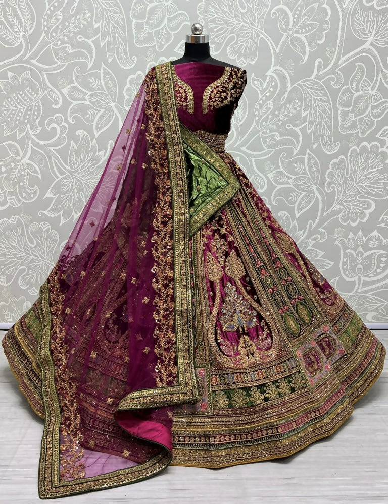 Purple velvet wedding lehenga choli with fancy patch and zircon diamond embroidery