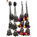 Oxidised silver Kashmiri triple latkan jhumki earrings with intricate filigree details