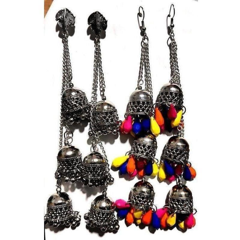Oxidised silver Kashmiri triple latkan jhumki earrings with intricate filigree details
