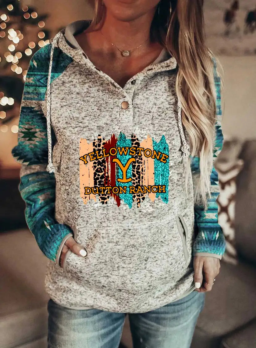 Women Grey Yellowstone Dutton Ranch Graphic Hooded Pullover Sweater - Image 41