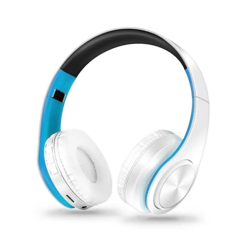 Foldable blue and white wireless stereo headphones with comfortable earmuffs