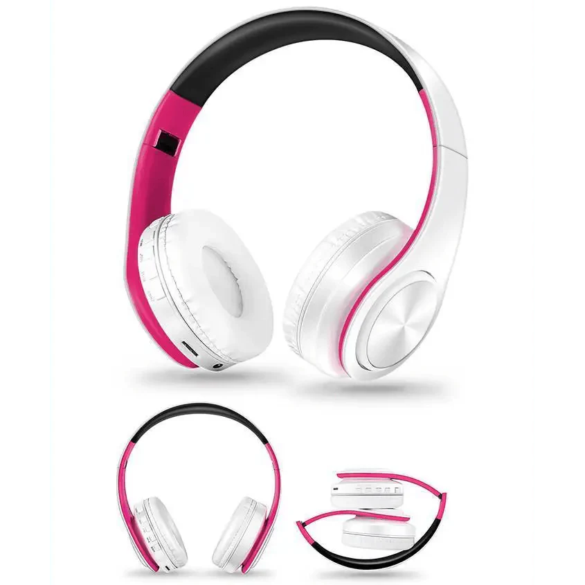 Blue and White Folding Wireless Stereo Headphones with Built-in Mic