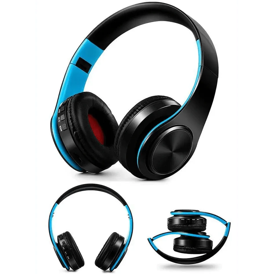 Blue and White Folding Wireless Stereo Headphones with Built-in Mic