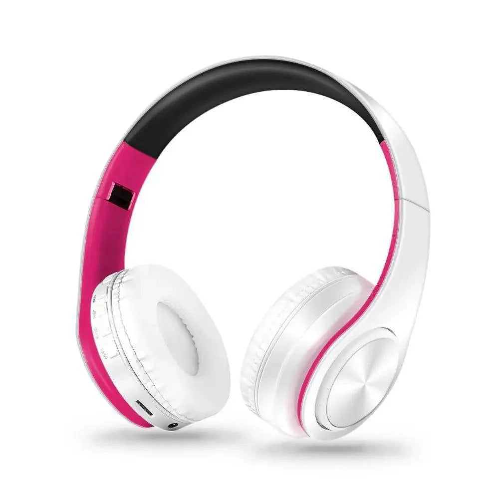 Blue and White Folding Wireless Stereo Headphones with Built-in Mic