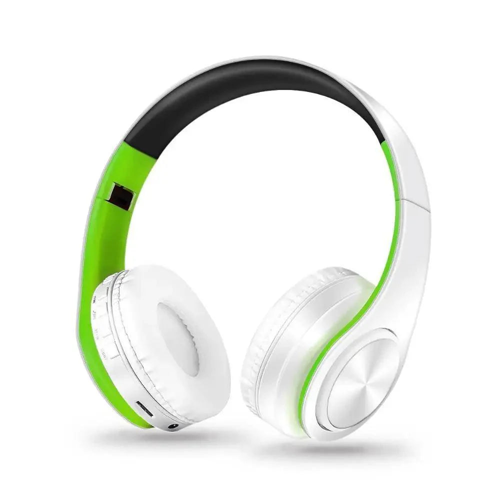 Blue and White Folding Wireless Stereo Headphones with Built-in Mic