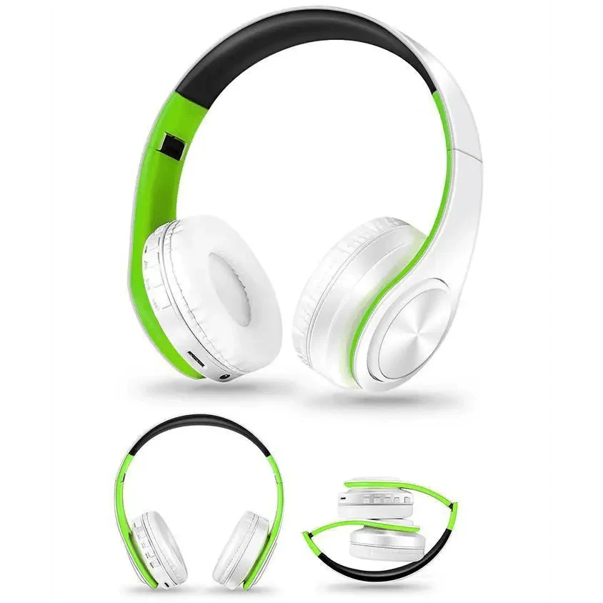 Blue and White Folding Wireless Stereo Headphones with Built-in Mic