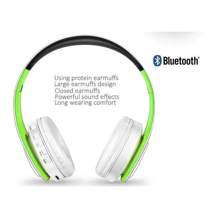 Blue and White Folding Wireless Stereo Headphones with Built-in Mic