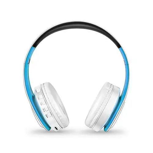 Blue and White Folding Wireless Stereo Headphones with Built-in Mic