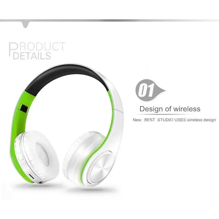 Blue and White Folding Wireless Stereo Headphones with Built-in Mic