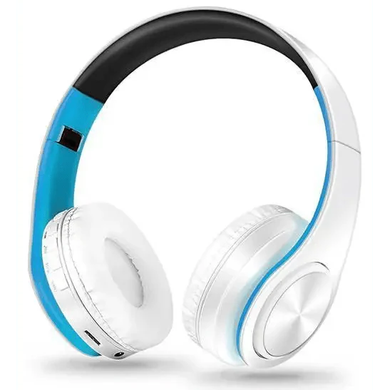 Blue and White Folding Wireless Stereo Headphones with Built-in Mic