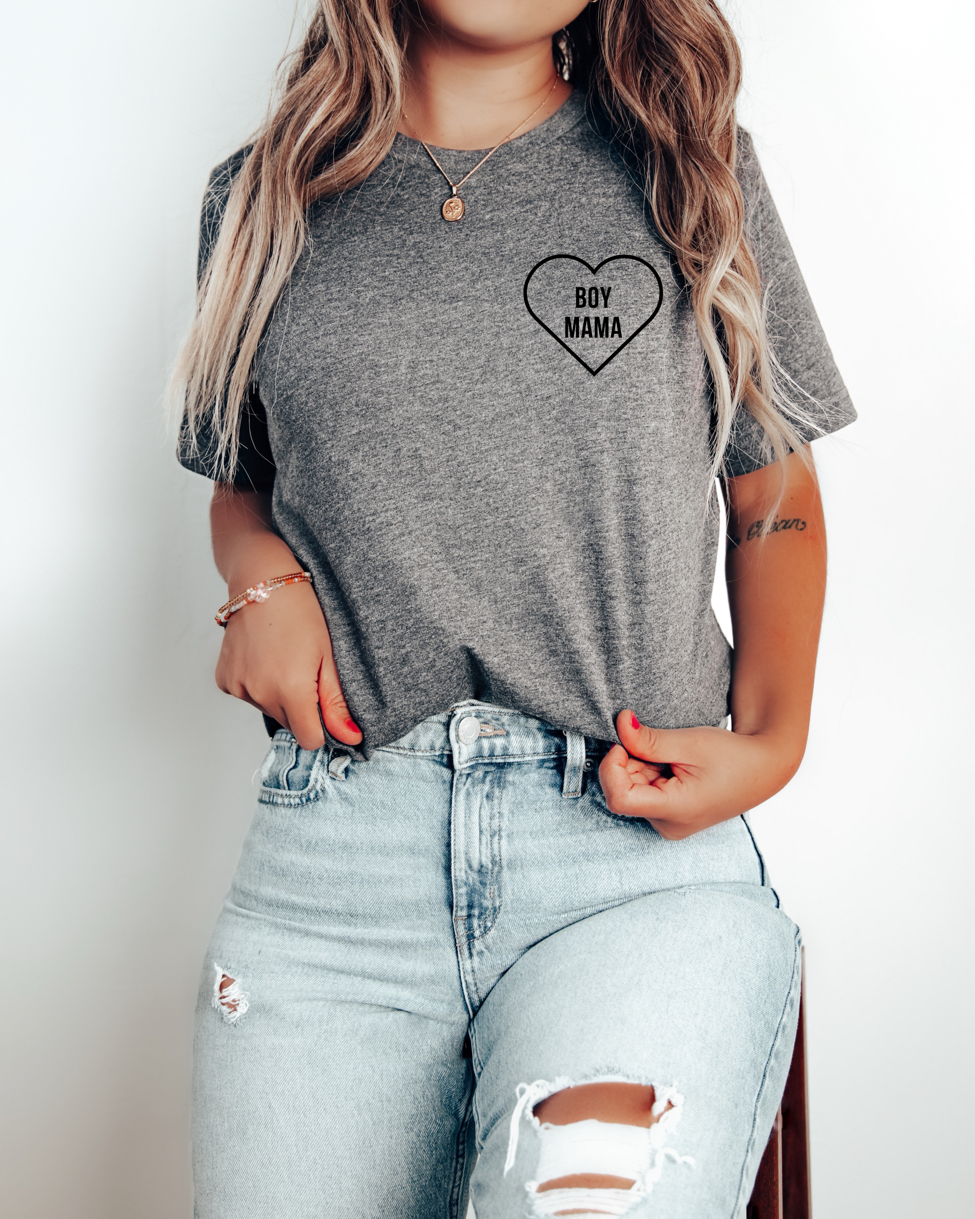 Grey Boy Mama graphic tee for women made from soft cotton blend.