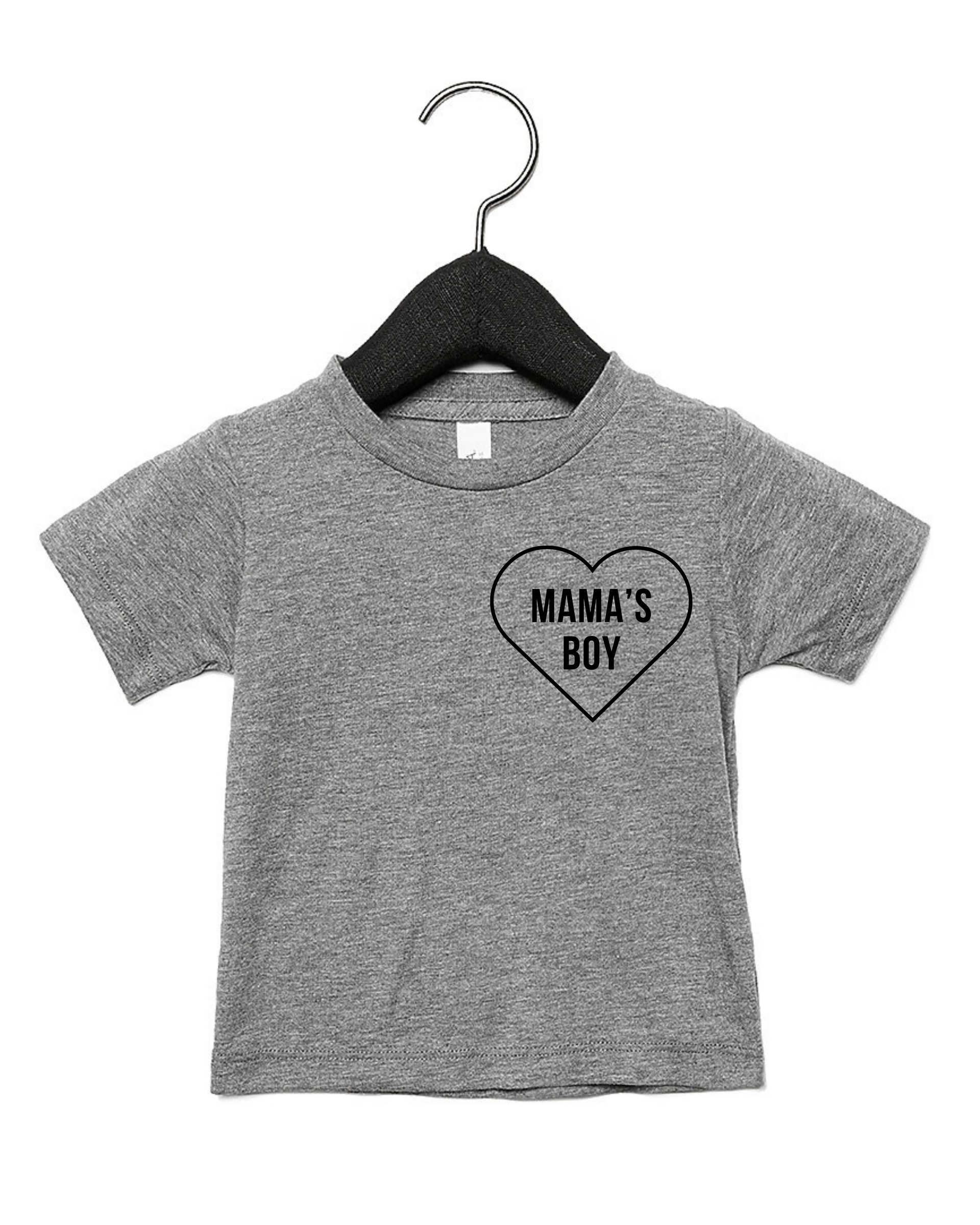 Young boy wearing a black Mama's Boy graphic t-shirt, soft cotton fit for active play.