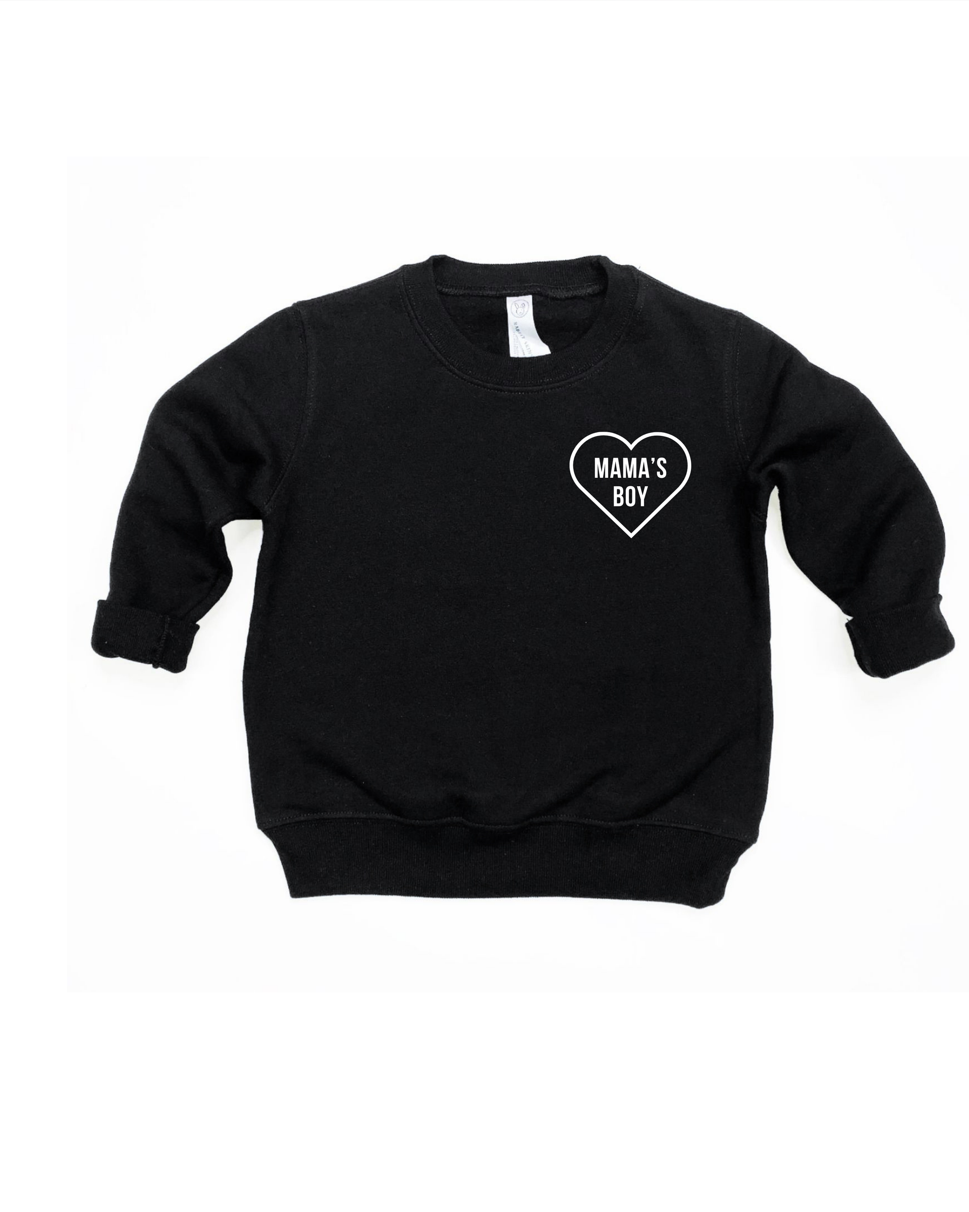 Kids Mama's Boy pocket pullover in black knit fabric.