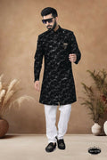 Men's black velvet Indo-Western kurta with intricate thread and sequence embroidery