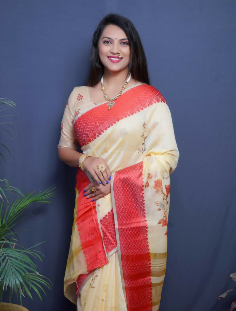 Red Linen Silk Saree with Digital Print and Jacquard Woven Border