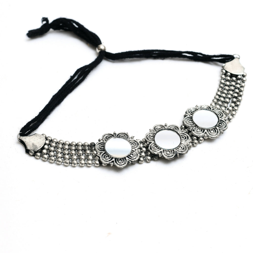 Oxidised Silver-Plated Mirror Work Choker Necklace Set