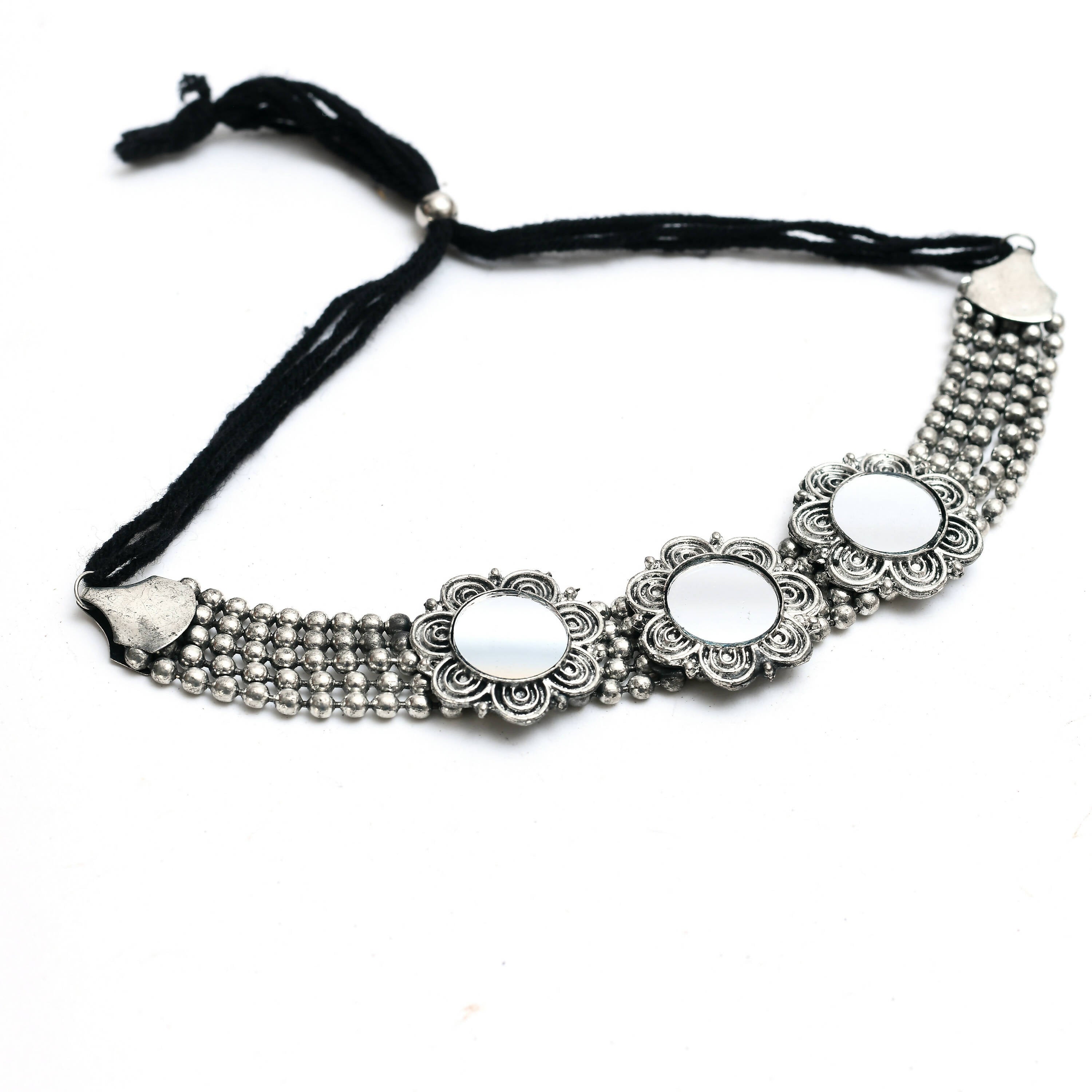 Oxidised Silver-Plated Mirror Work Choker Necklace Set