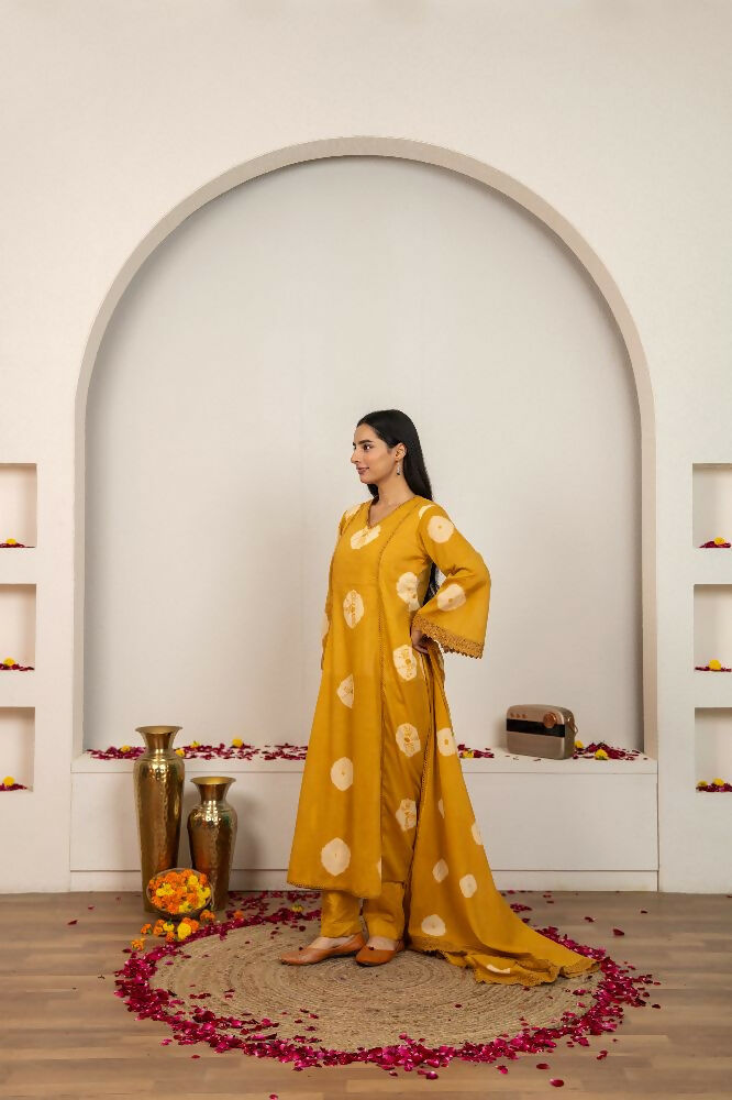 Mustard Yellow Tie & Dye Cotton Suit Set for Women