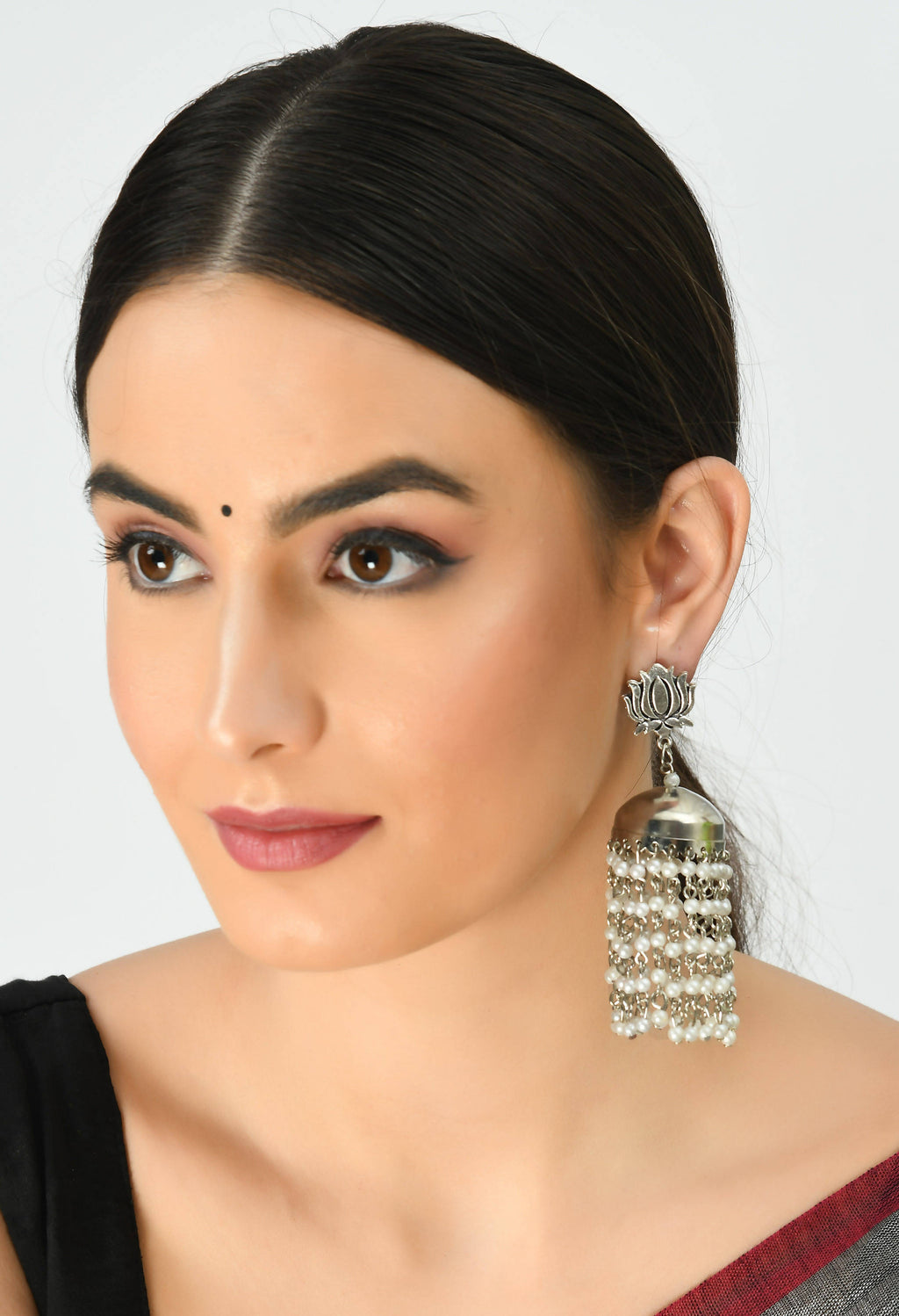 Lotus Design Jhumka Earrings with Pearl Accents