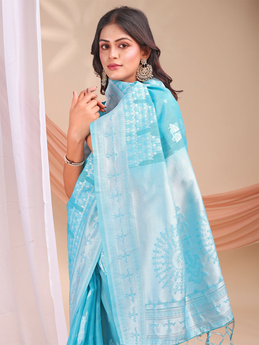 Varnika Sky Blue Linen Cotton Saree with Blouse Piece