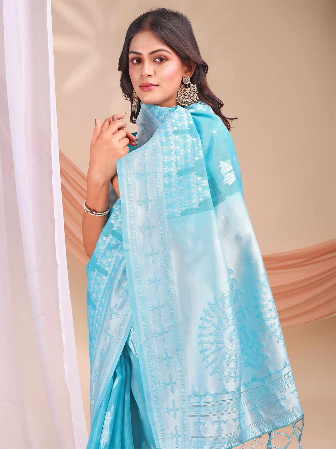 Varnika Sky Blue Linen Cotton Saree with Blouse Piece