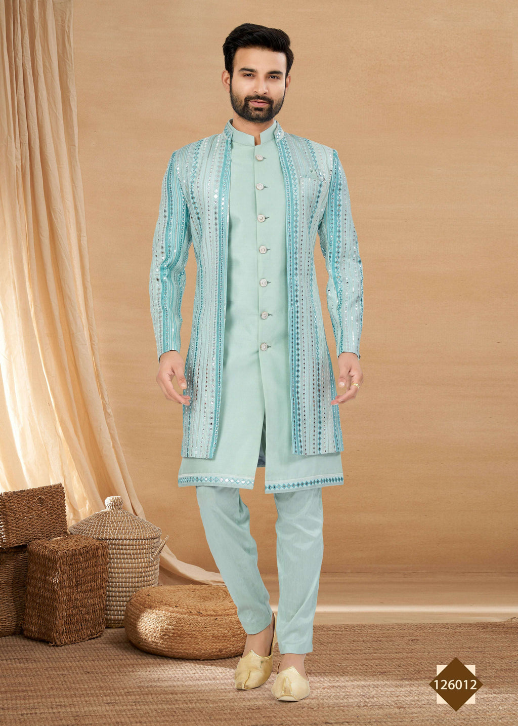 Men's Sky Blue Art Silk Indowestern Set with Jacket