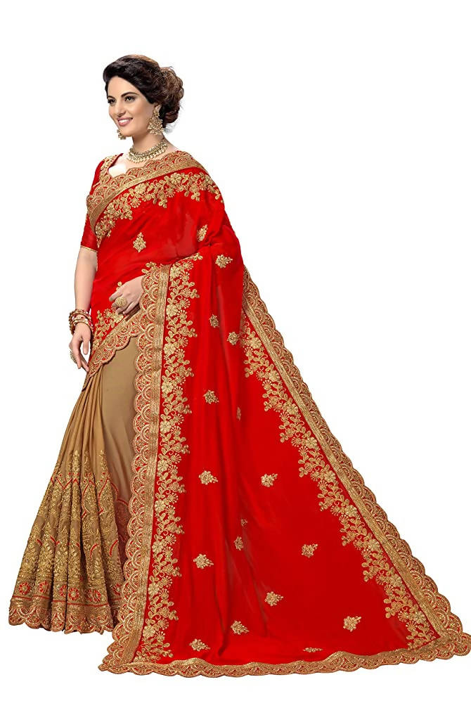 Red Silk Satin Saree with Heavy Embroidery and Blouse