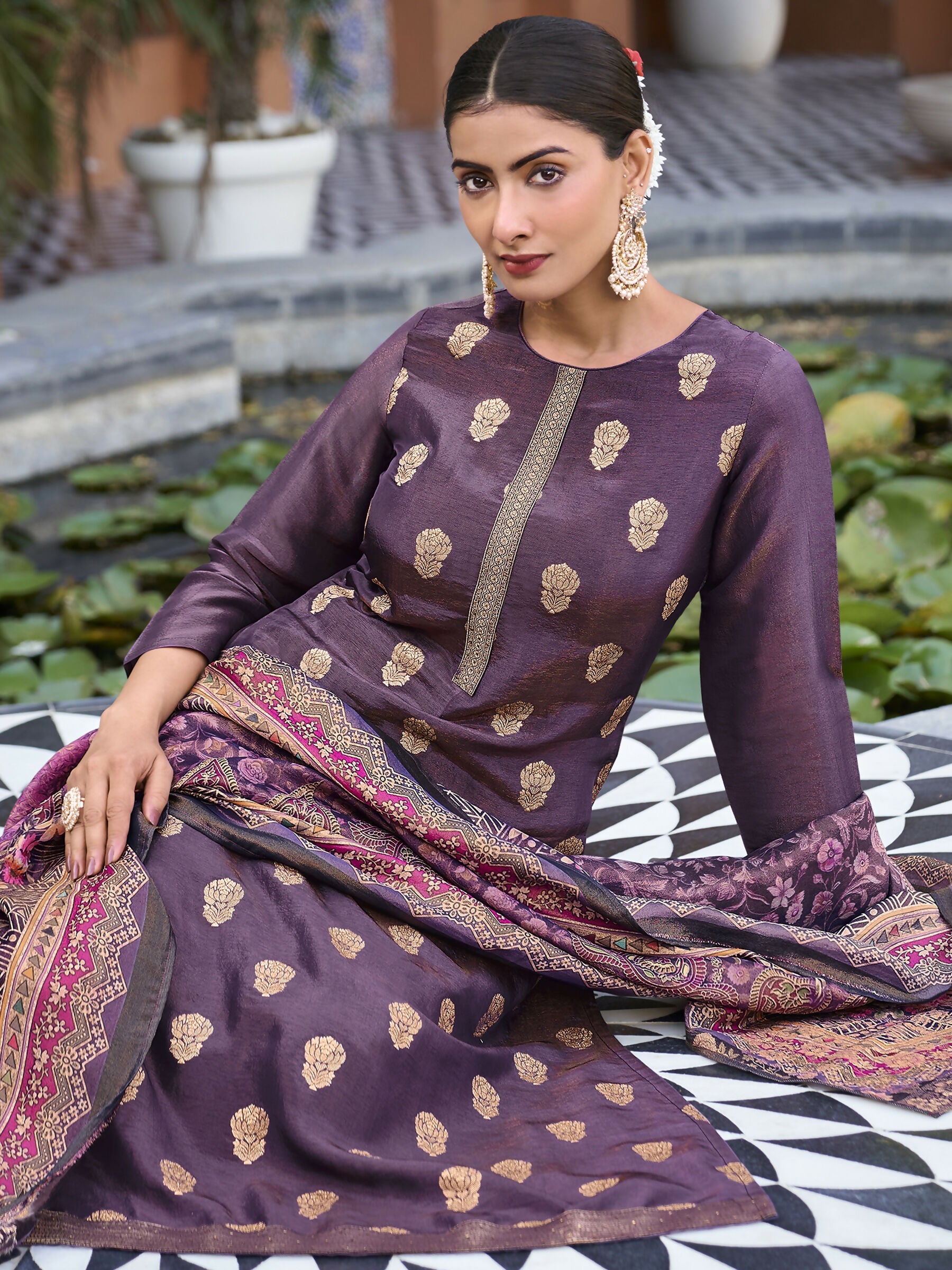 Women's Purple Pure Silk Jacquard Straight Kurta Set with Dupatta