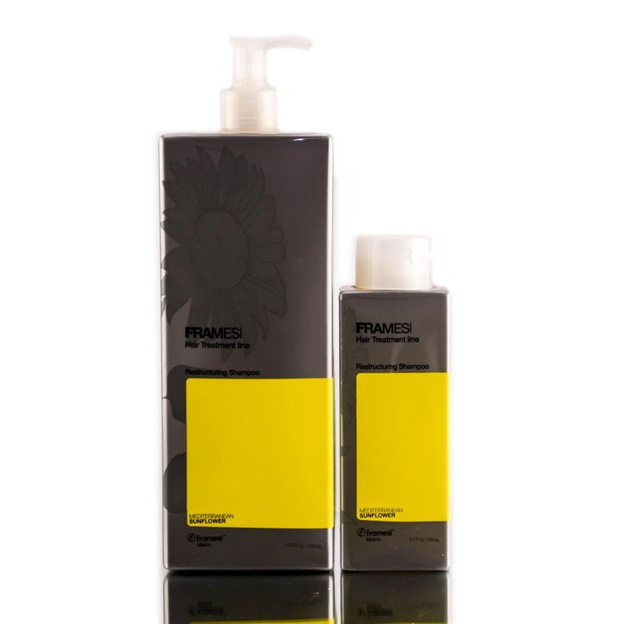 A professional 8.4 oz bottle of Framesi Restructuring Shampoo for damaged hair repair
