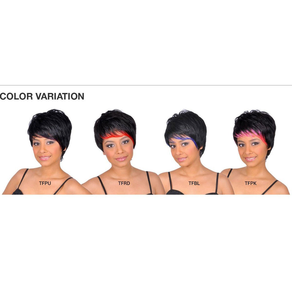 Kai wig featuring a black base with vibrant colored highlights on a mannequin head.