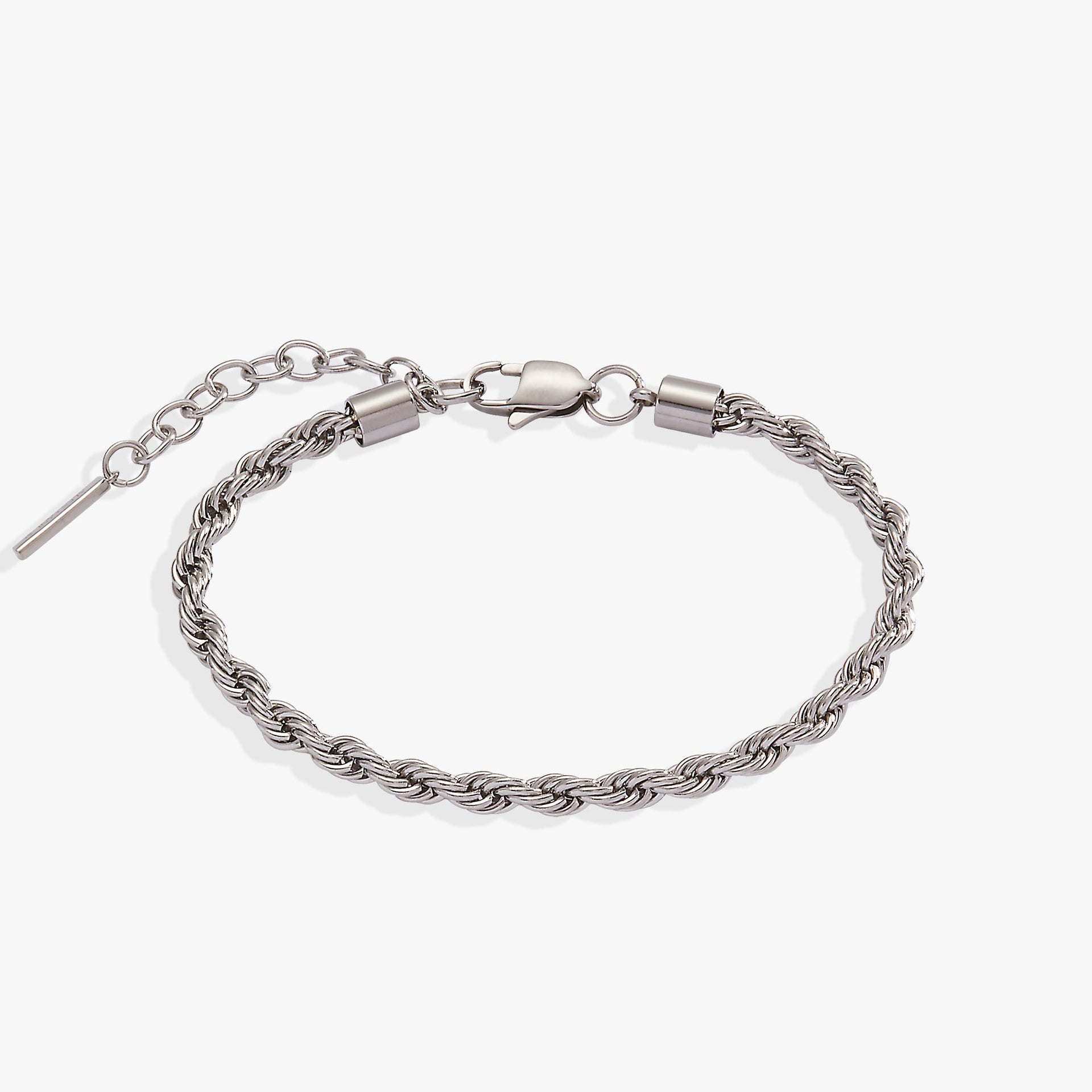 Silver stainless steel French rope chain bracelet with adjustable sliding clasp.