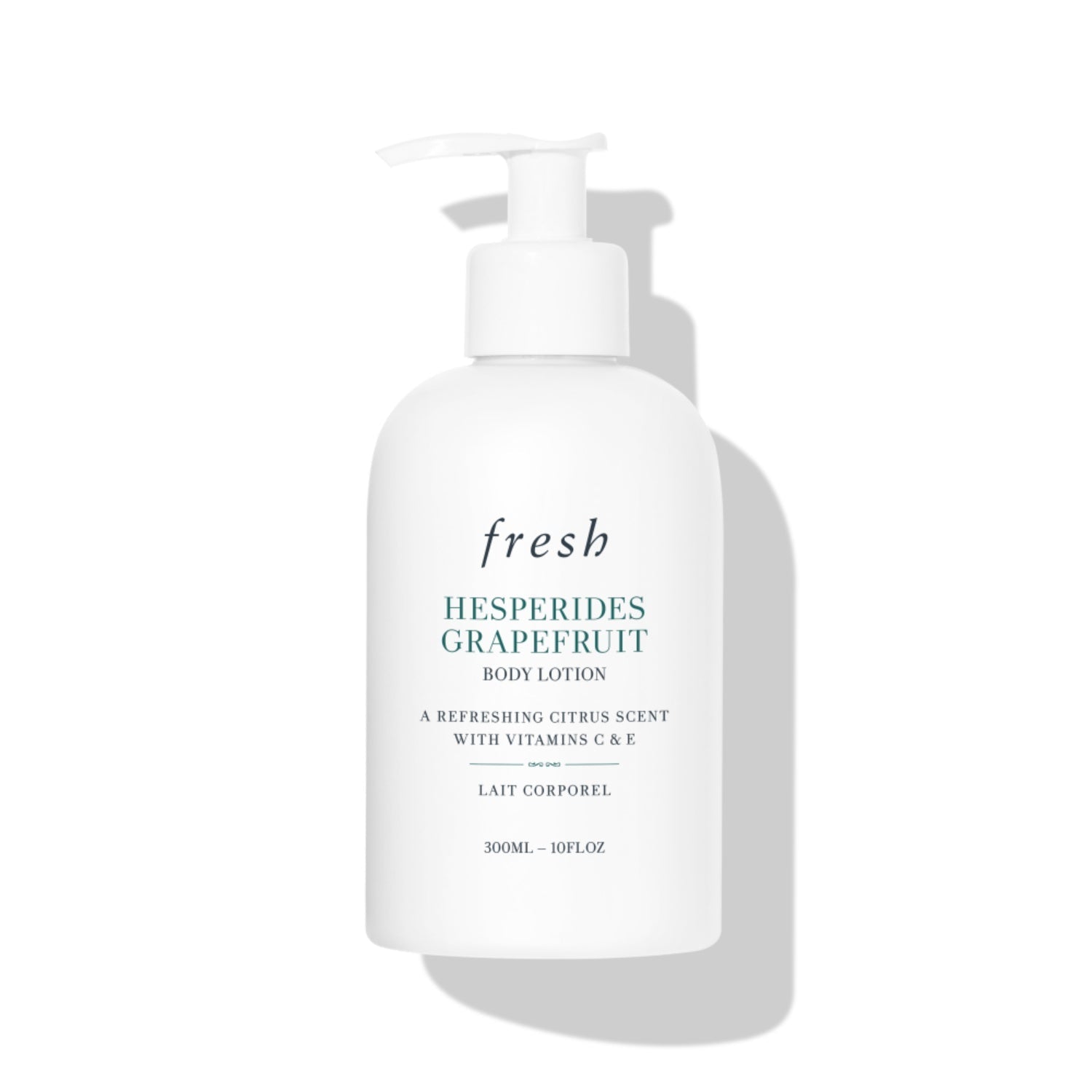 White bottle of fresh Hesperides Grapefruit Body Lotion, 300mL size.
