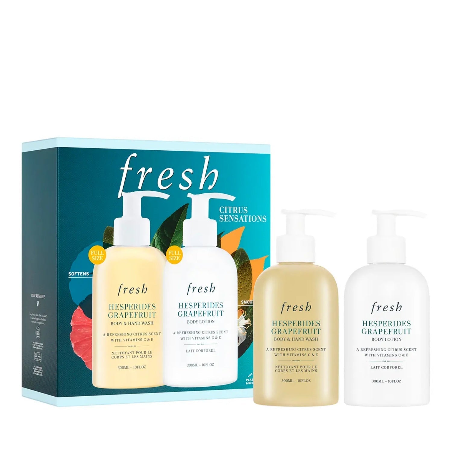 Fresh Hesperides Grapefruit Shower Gel and Lotion duo set featuring citrus packaging