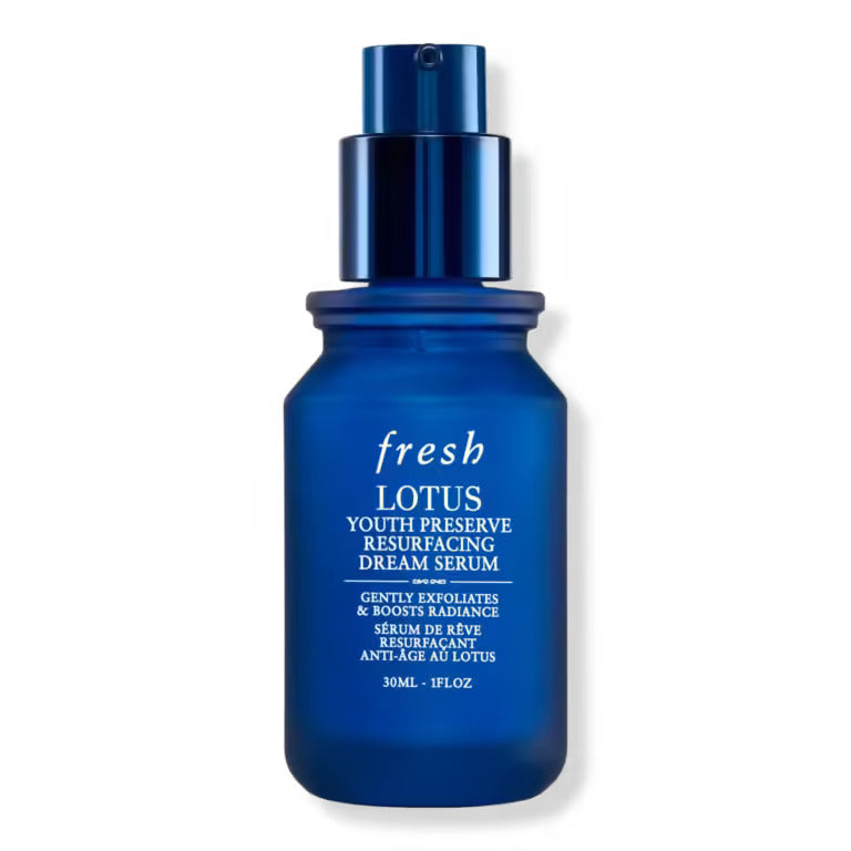A 30ml bottle of Fresh Lotus AHA Gentle Resurfacing Serum in deep cobalt blue packaging.