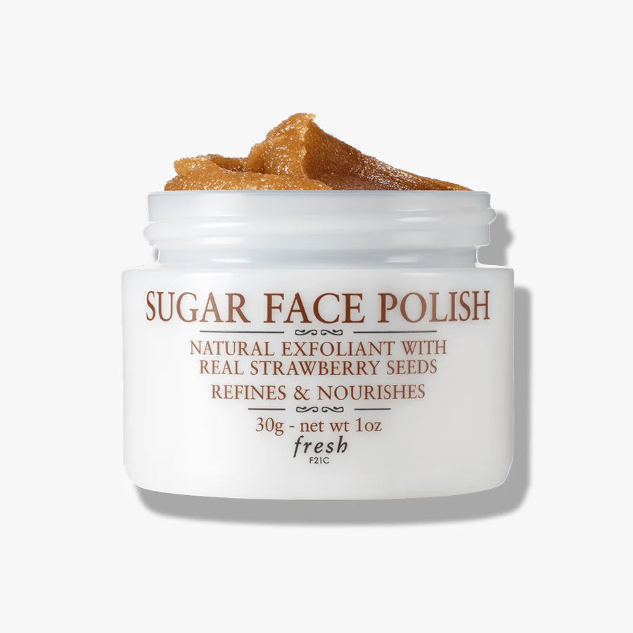 Fresh Sugar Face Polish jar featuring brown sugar and strawberry seed texture