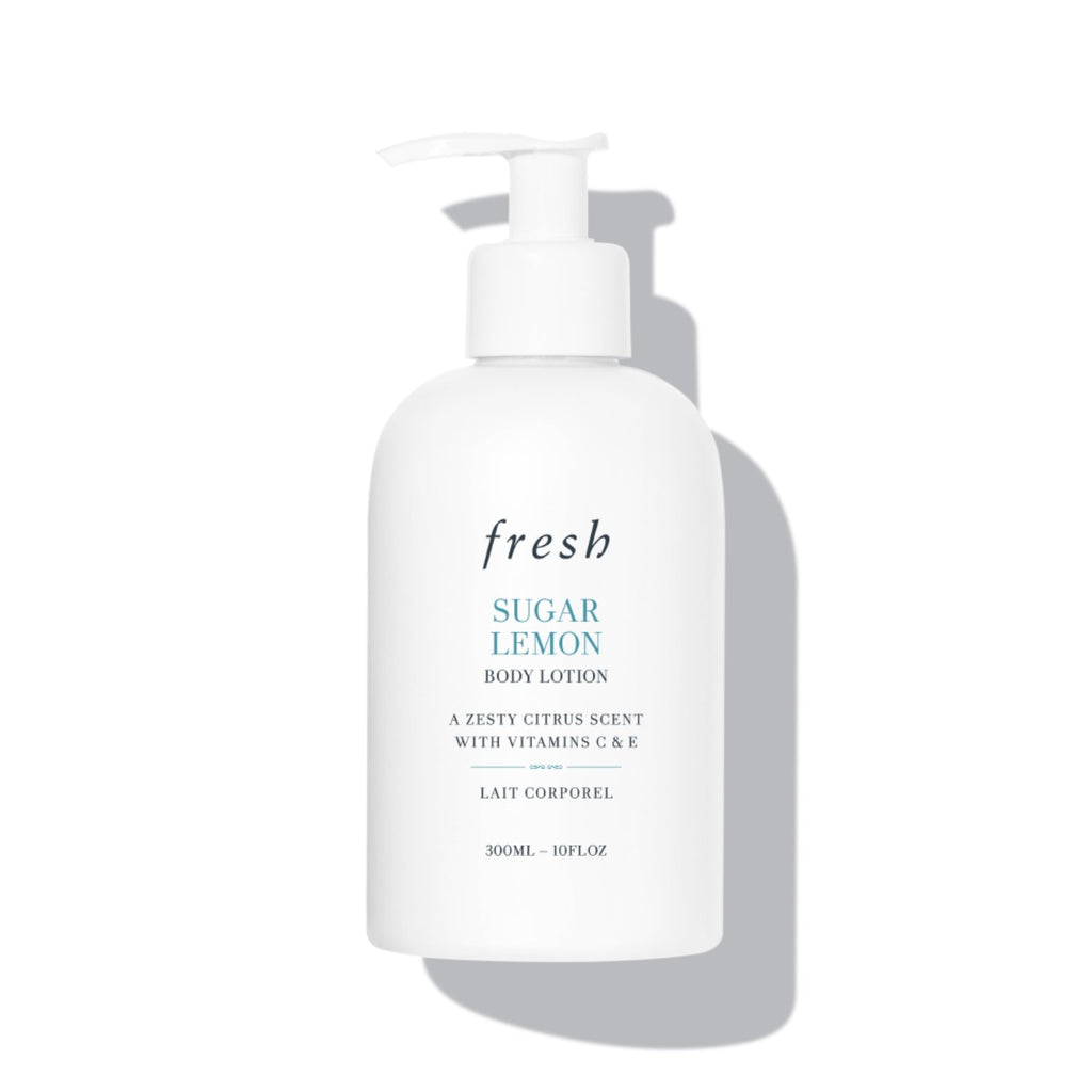 Bottle of fresh Sugar Lemon Body Lotion with a minimalist design, 300mL size.