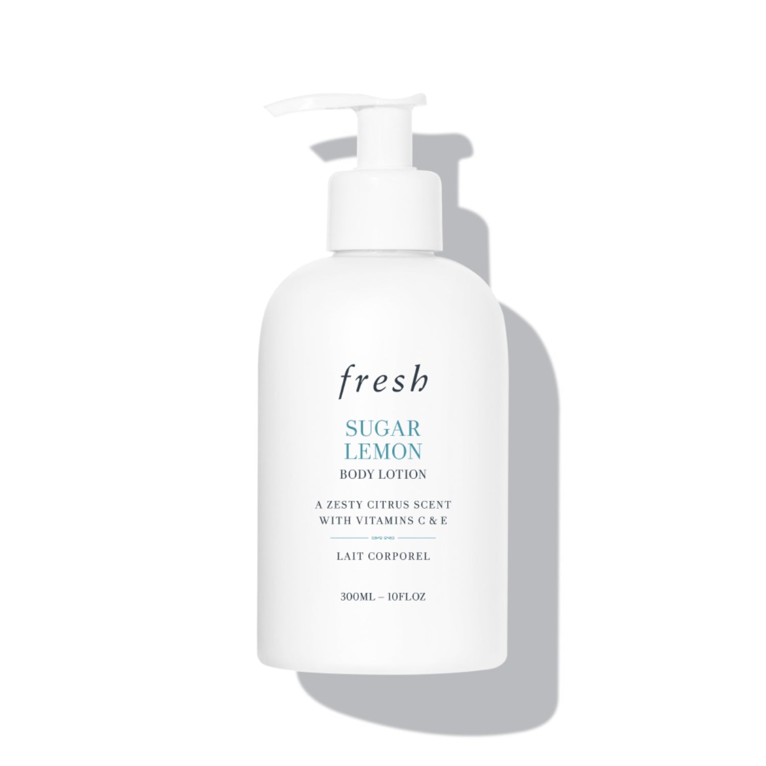 Bottle of fresh Sugar Lemon Body Lotion with a minimalist design, 300mL size.