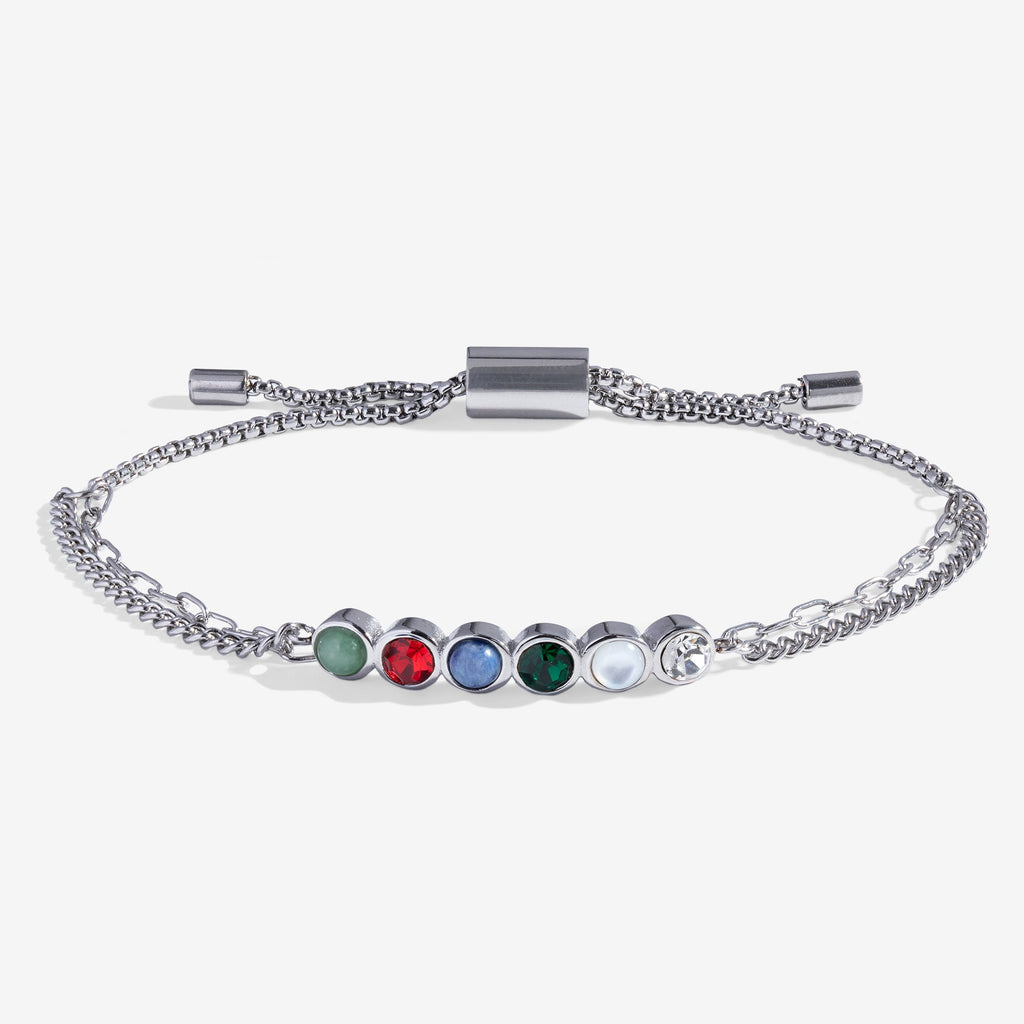 Close-up of the Friend Hidden Message Acrostic Bolo Bracelet featuring multi-colored gemstones on an adjustable chain.