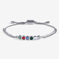Close-up of the Friend Hidden Message Acrostic Bolo Bracelet featuring multi-colored gemstones on an adjustable chain.