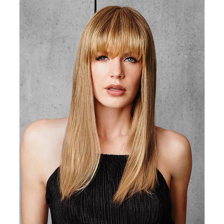 Top of head fringe hair piece in multi-tonal blonde and brown with dark roots
