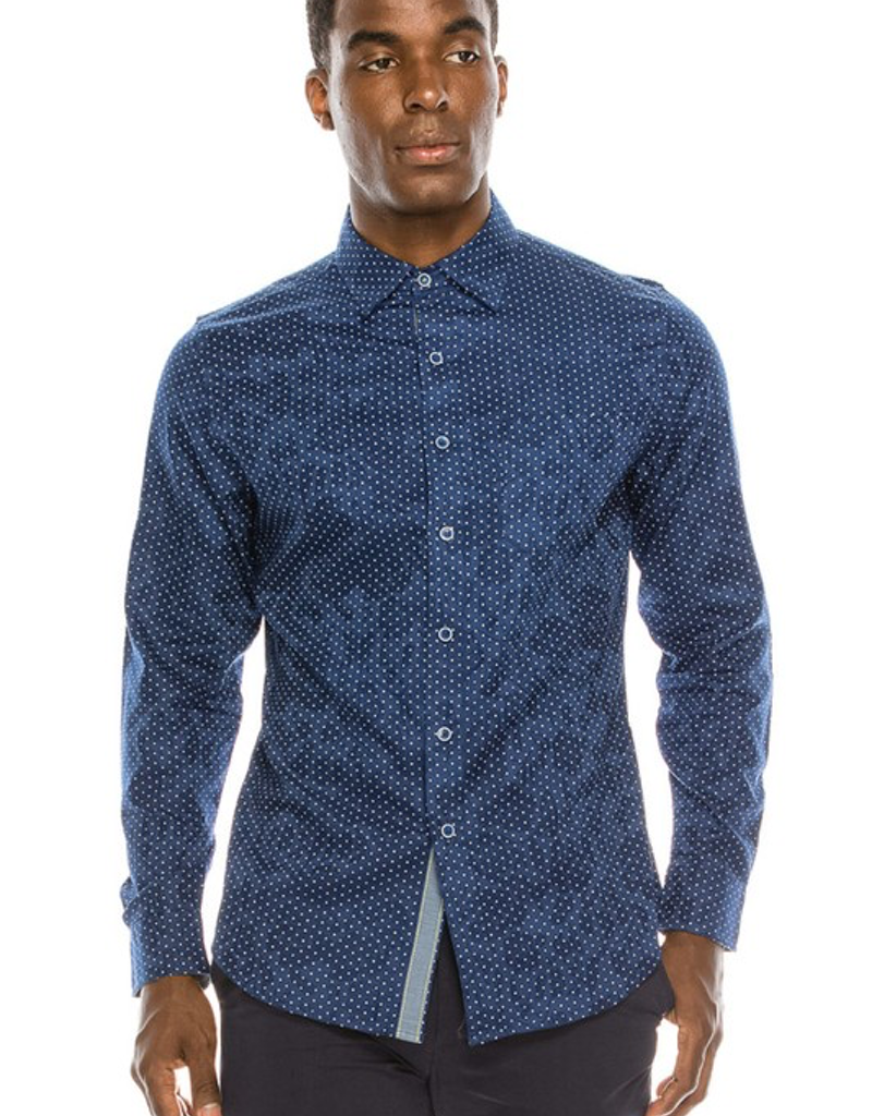 A classic button-down dress shirt featuring a timeless polka dot pattern, displayed against a neutral background.
