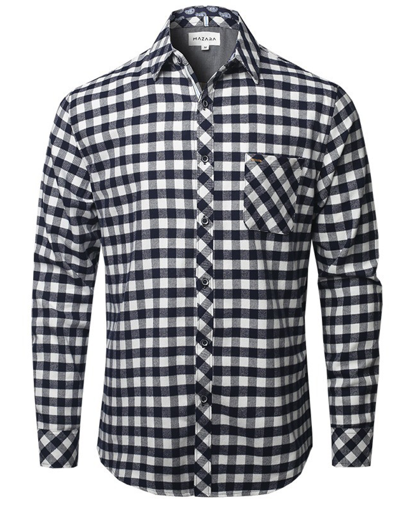 Men wearing a navy blue and white buffalo check long sleeve flannel shirt with button-down collar