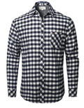 Men wearing a navy blue and white buffalo check long sleeve flannel shirt with button-down collar