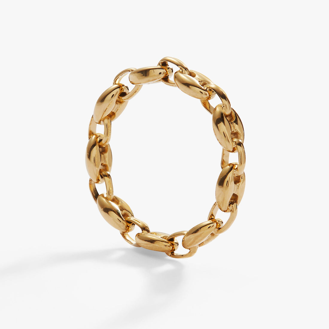 Polished gold Frozen Mariner Chain Ring in a minimalist style, shown as a stackable band.